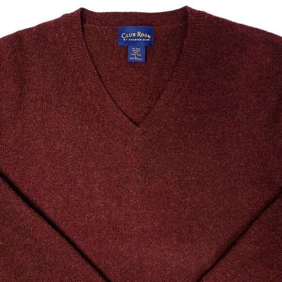 Club Room 100% Lambs Wool V-Neck Sweater Mens Large Maroon Lightweight Preppy - Picture 2 of 7